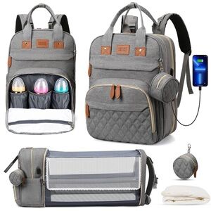 Gray Diaper Bag Backpack with USB Charging Port